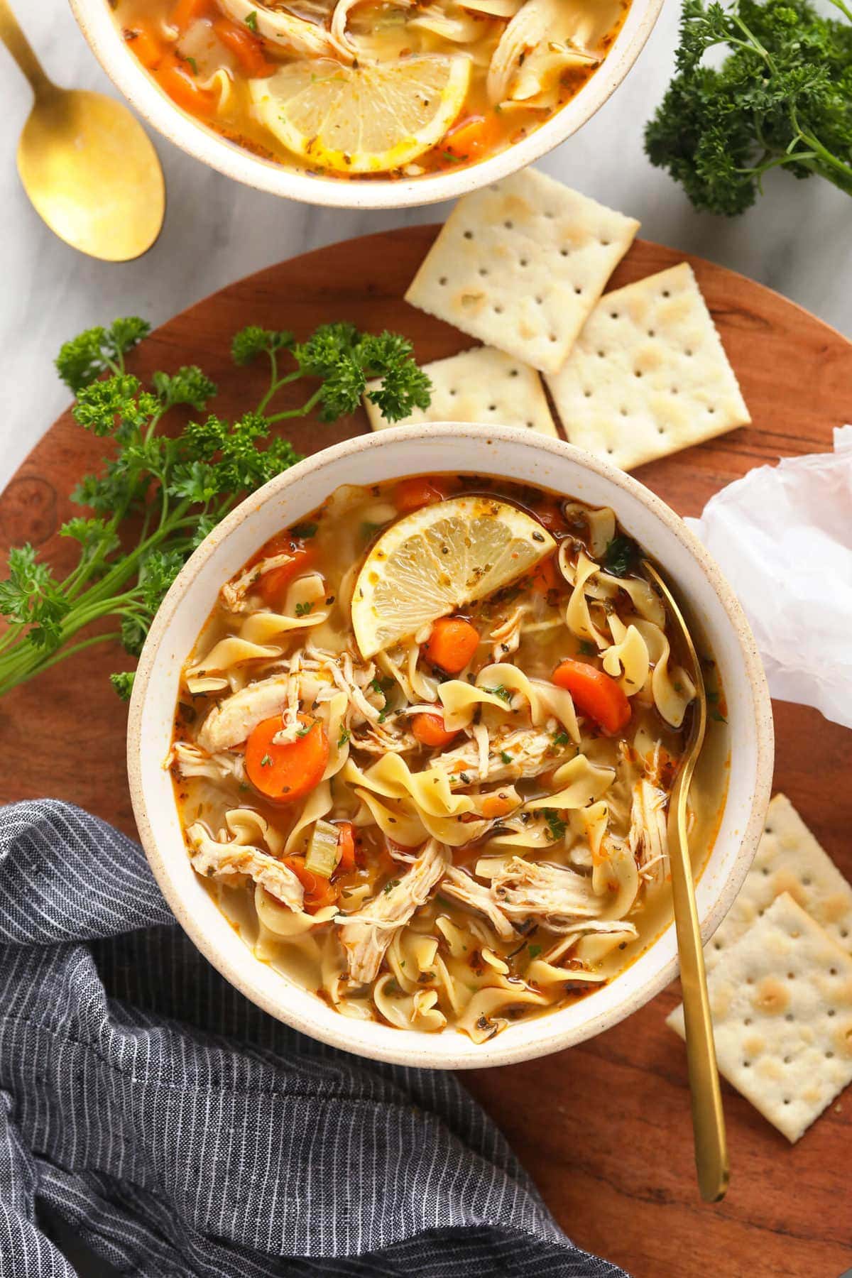 Chicken noodle soup in a bowl ready to eat. 