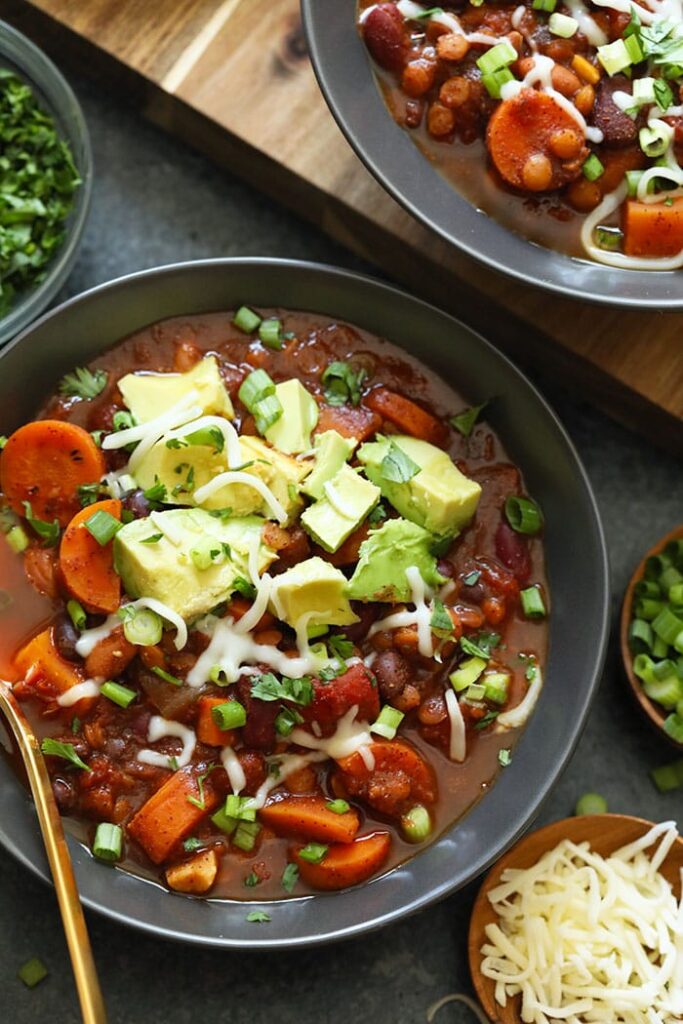 Instant Pot vegetarian chili in a bowl. 