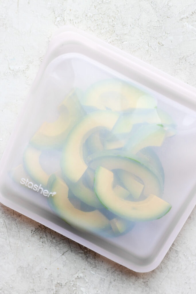 frozen avocado slices in a stasher bag
