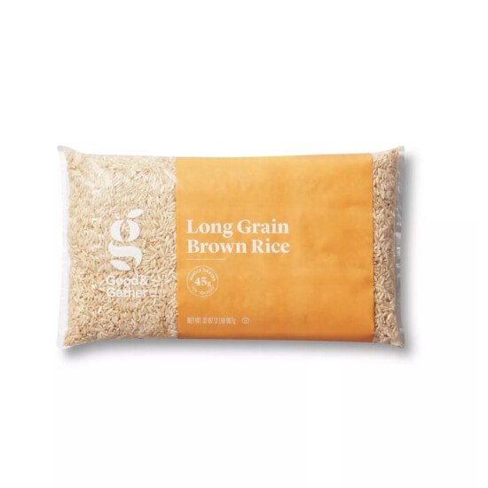 a bag of long grain brown rice on a white background.