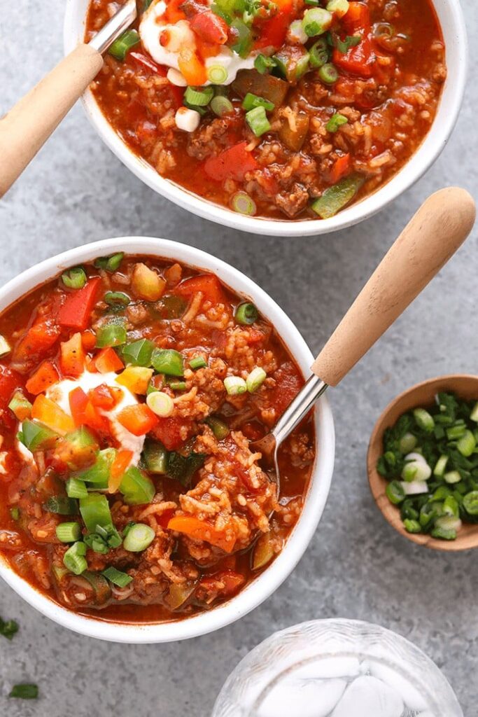 Two bowls of Instant Pot stuffed pepper soup.