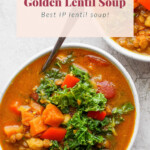 Instant Pot lentil soup in a bowl.