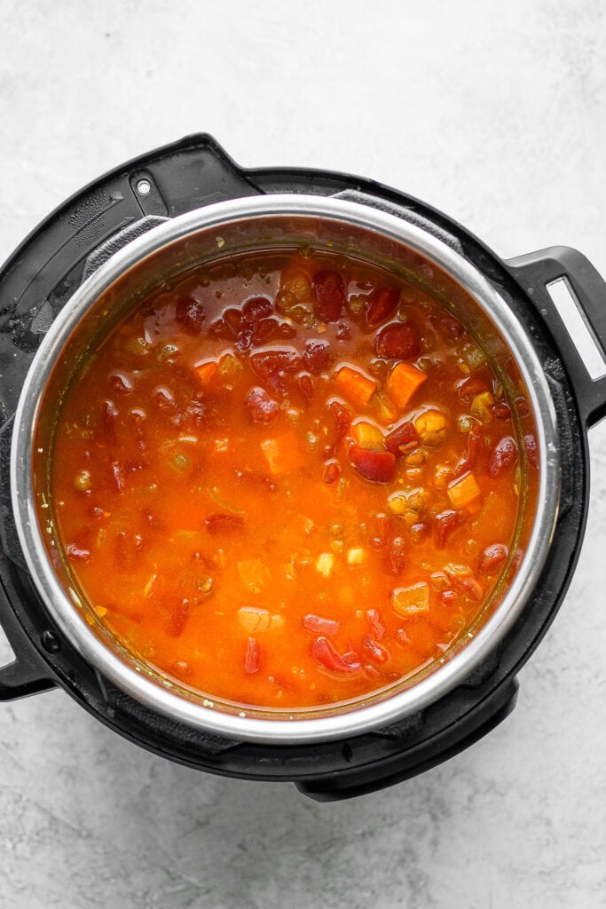 Instant Pot Lentil soup cooked in the Instant Pot. 