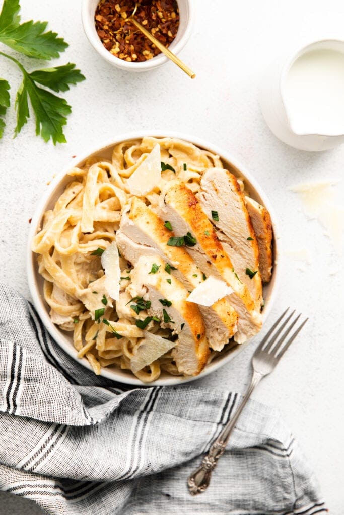 homemade chicken alfredo in bowl