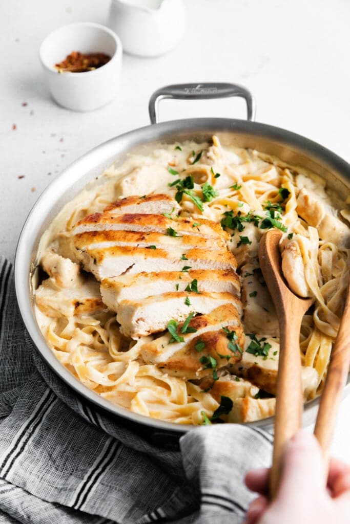 chicken Alfredo in pan