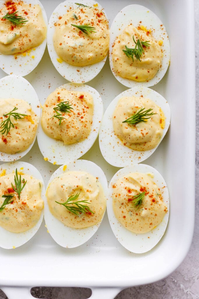 easy deviled eggs in a serving dish