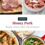a collage of pictures of honey pork in a skillet.