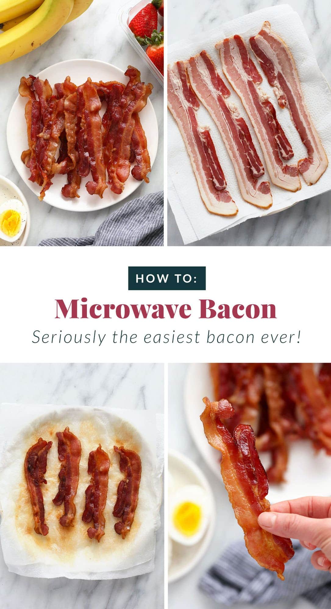 Different steps of how to make bacon in the microwave.