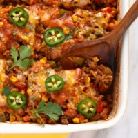 Mexican casserole in a casserole dish