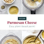 Four pictures of vegan parmesan cheese being processed in a food processor.