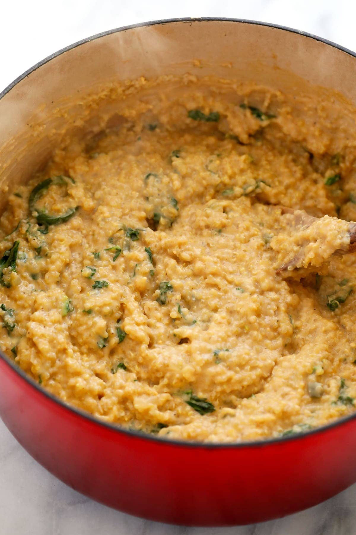 quinoa mac and cheese in a dutch oven, ready to be served 