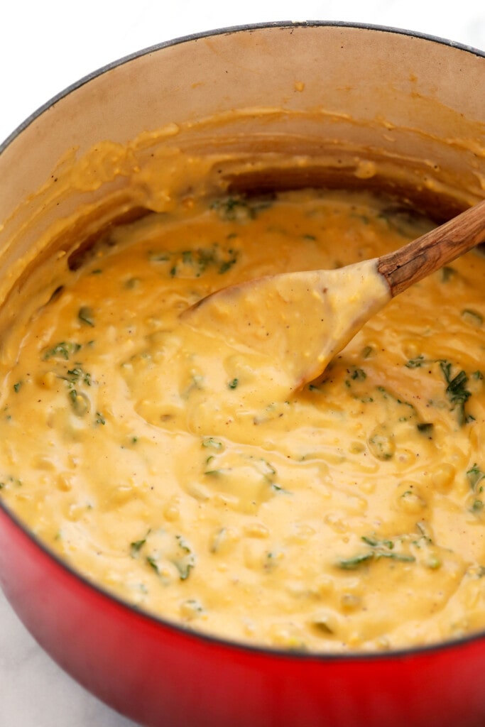 cheese sauce with wiled kale for quinoa mac and cheese