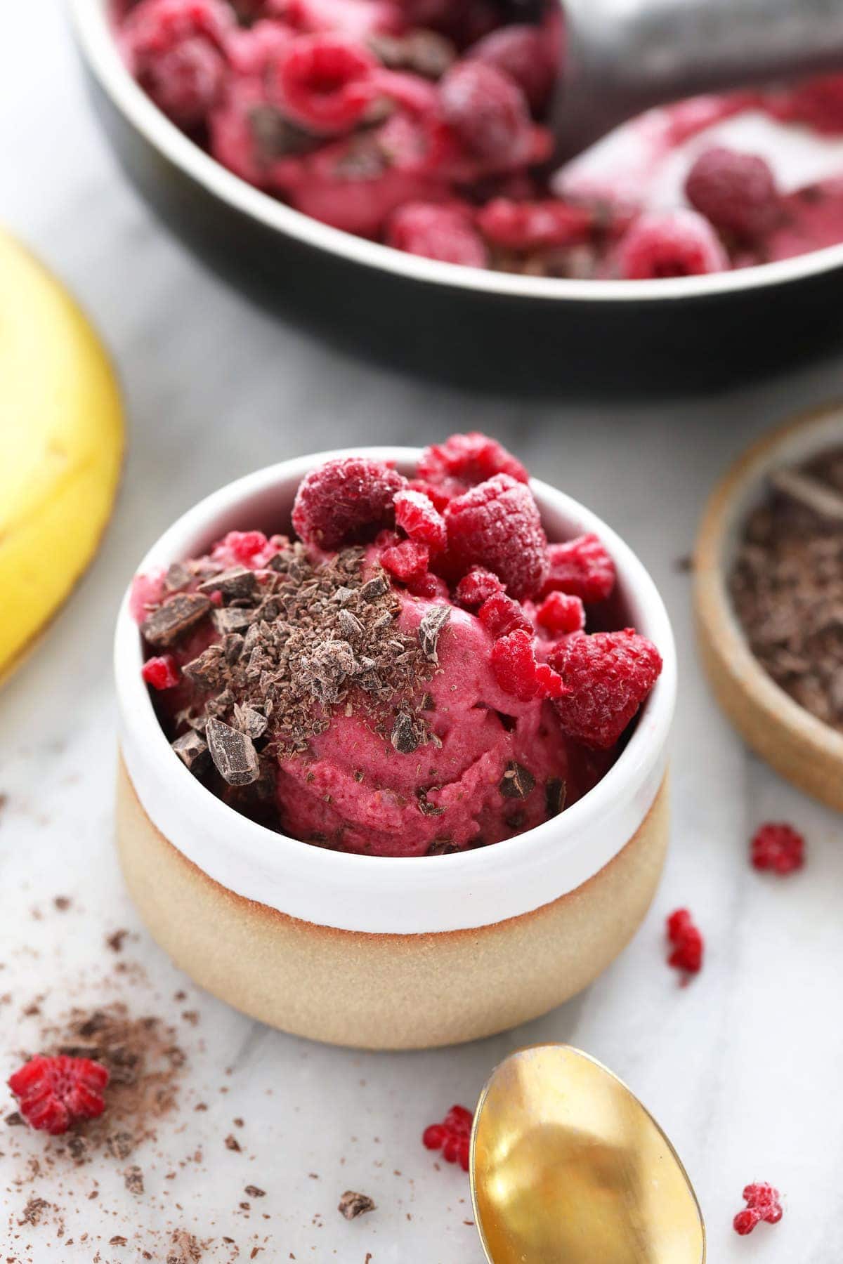 raspberry chocolate chunk nice cream in a bowl topped with fresh raspberries