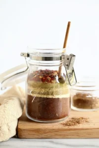 A homemade taco seasoning mix in a glass jar with a wooden spoon.