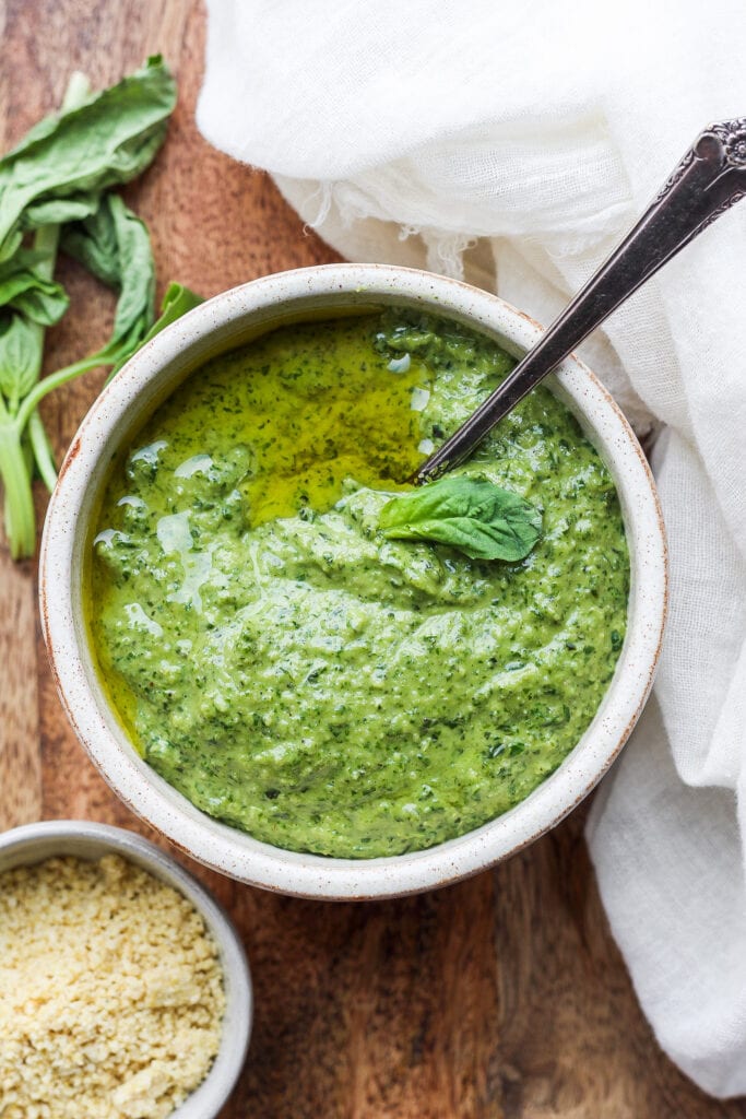 pesto in bowl with spoon