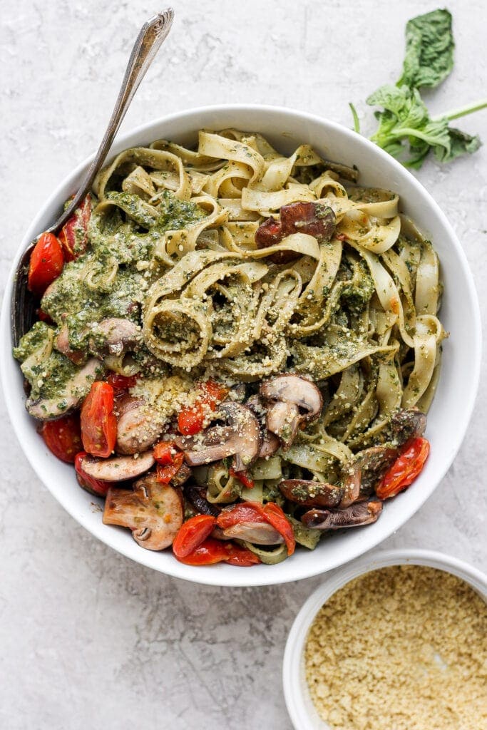 pesto pasta in a bowl. 