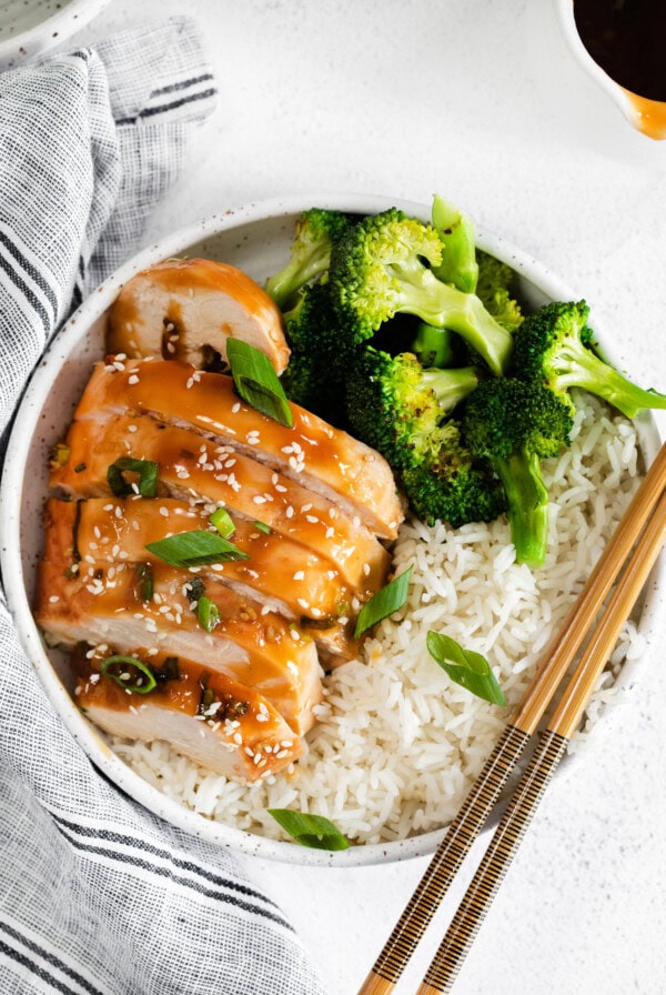 teriyaki chicken with rice on plate
