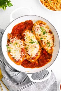 chicken parmesan in casserole dish.