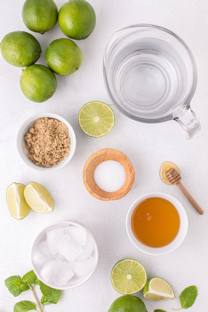 limeade recipe ingredients, ready to be mixed together
