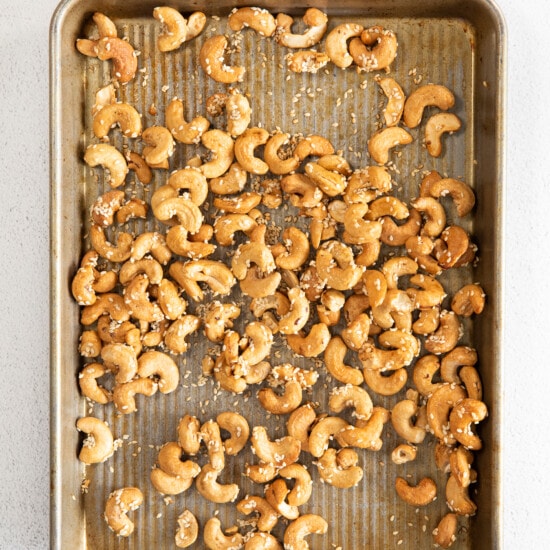 cashews on baking sheet.