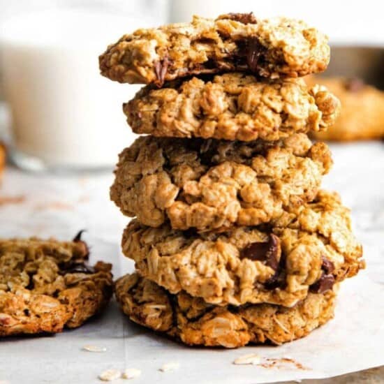 a stack of peanut butter oatmeal cookies