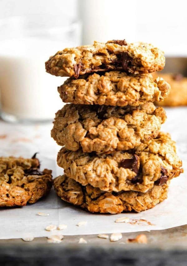 a stack of peanut butter oatmeal cookies