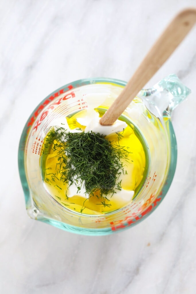 Greek yogurt dressing ingredients in Pyrex