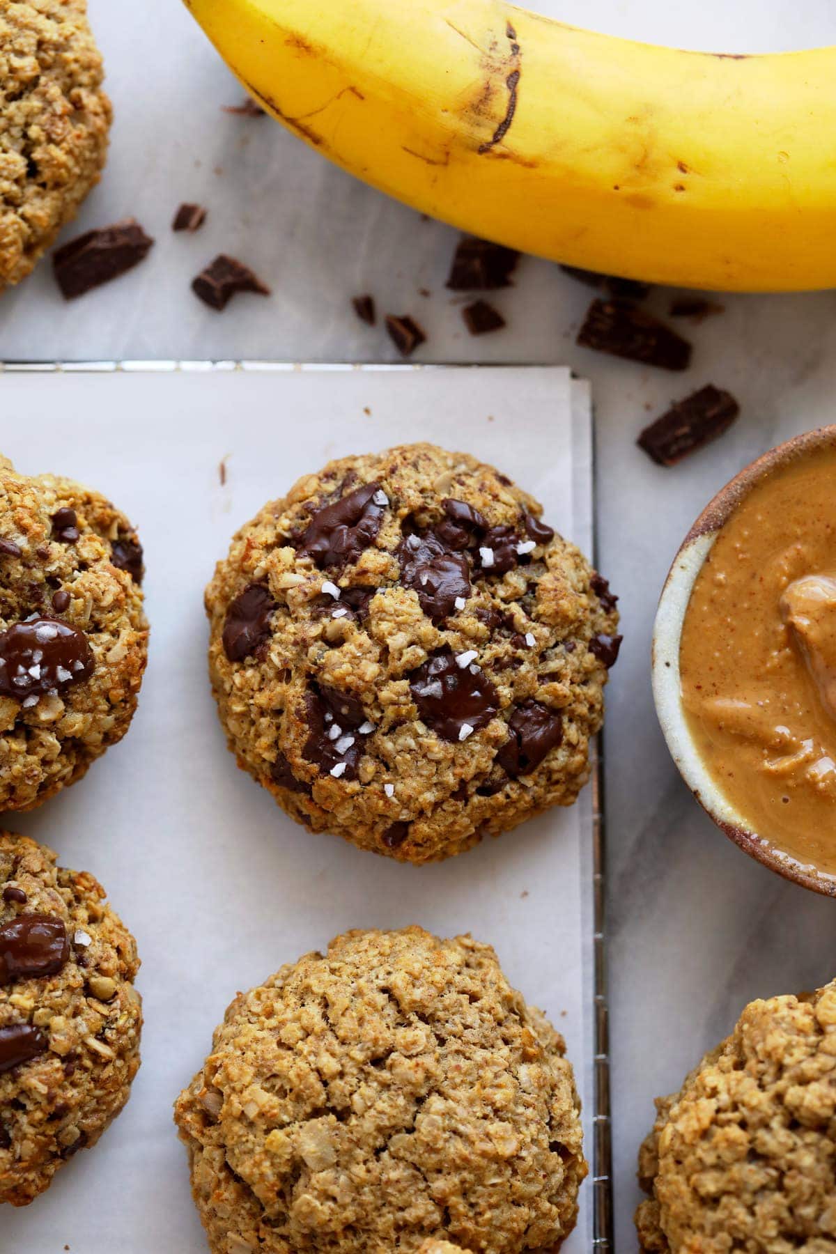 peanut butter banana cookies on a wire rack