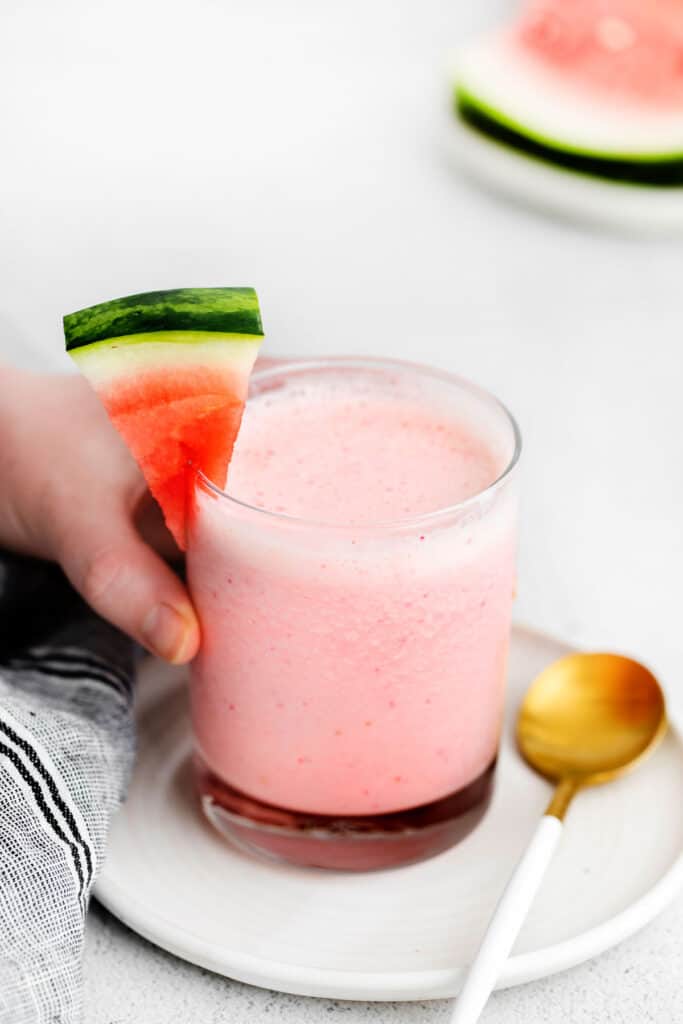A watermelon smoothie in a glass. 