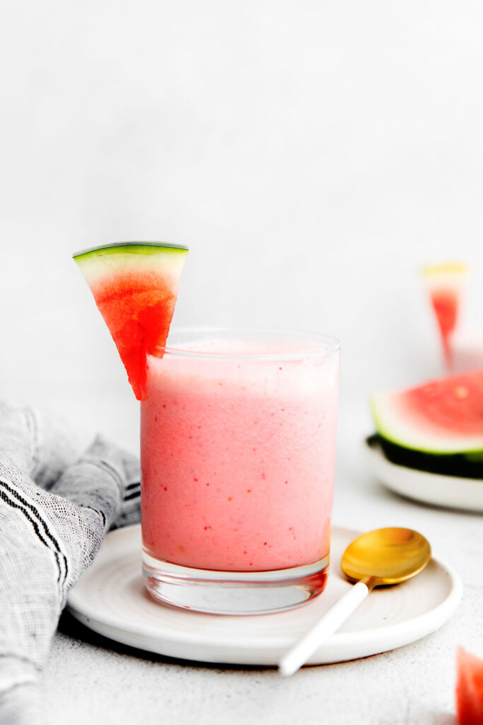 A watermelon smoothie in a glass. 