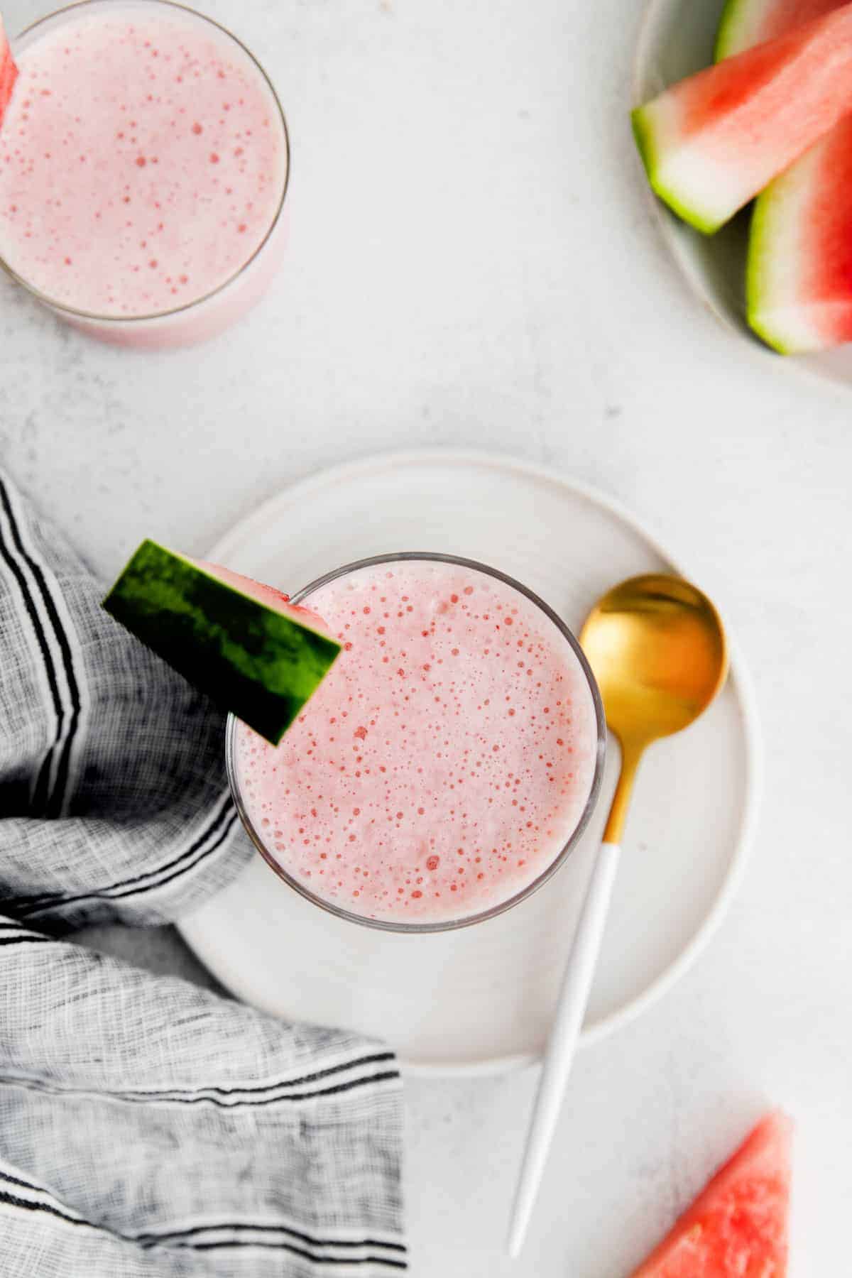 A watermelon smoothie in a glass.