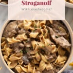 Beef stroganoff in a bowl.