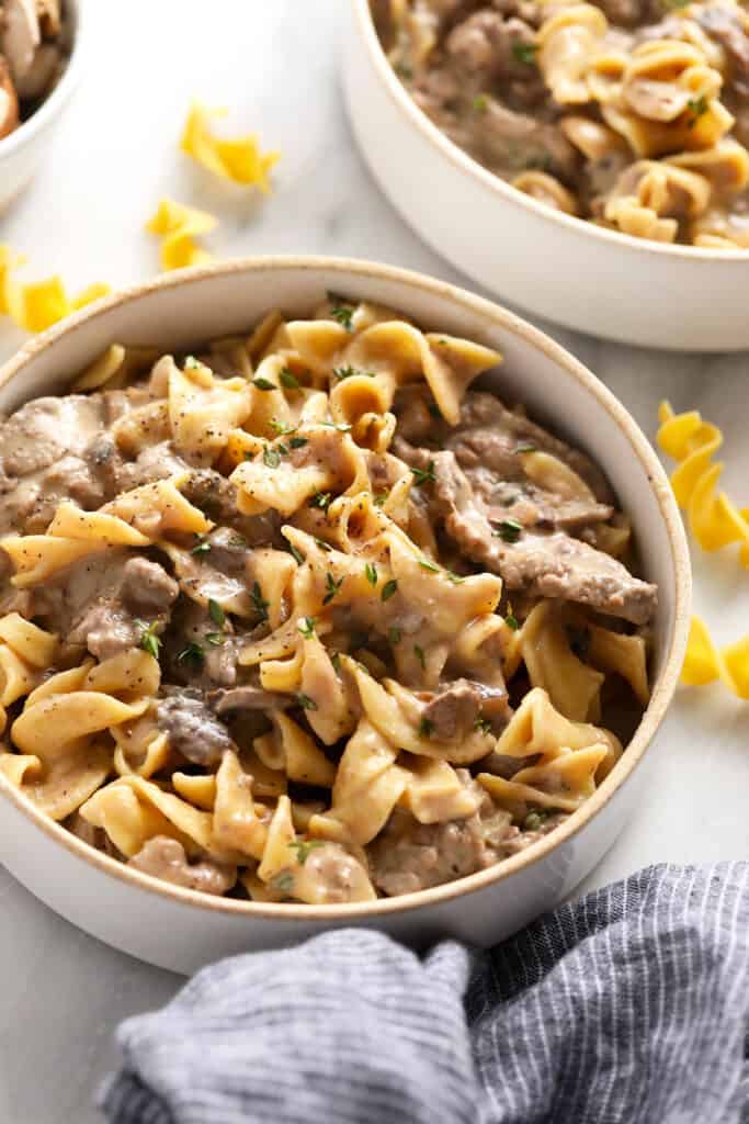 Classic beef stroganoff in a bowl. 
