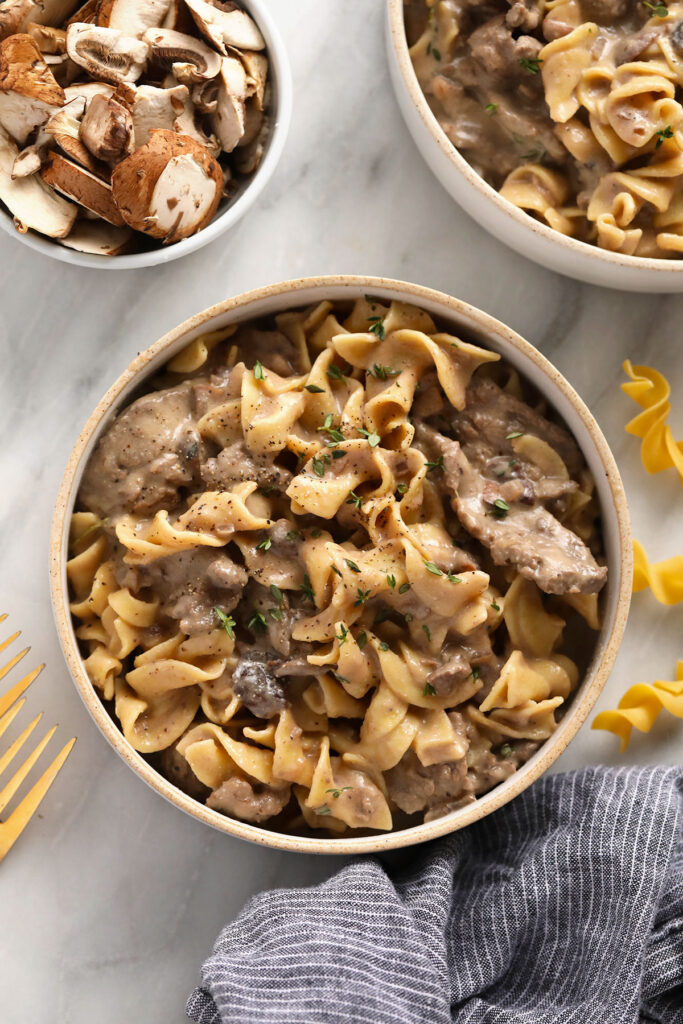 Beef stroganoff served over egg noodles. 