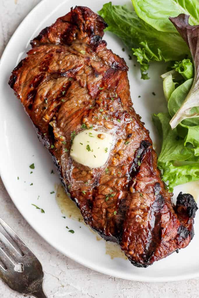 steak on plate.