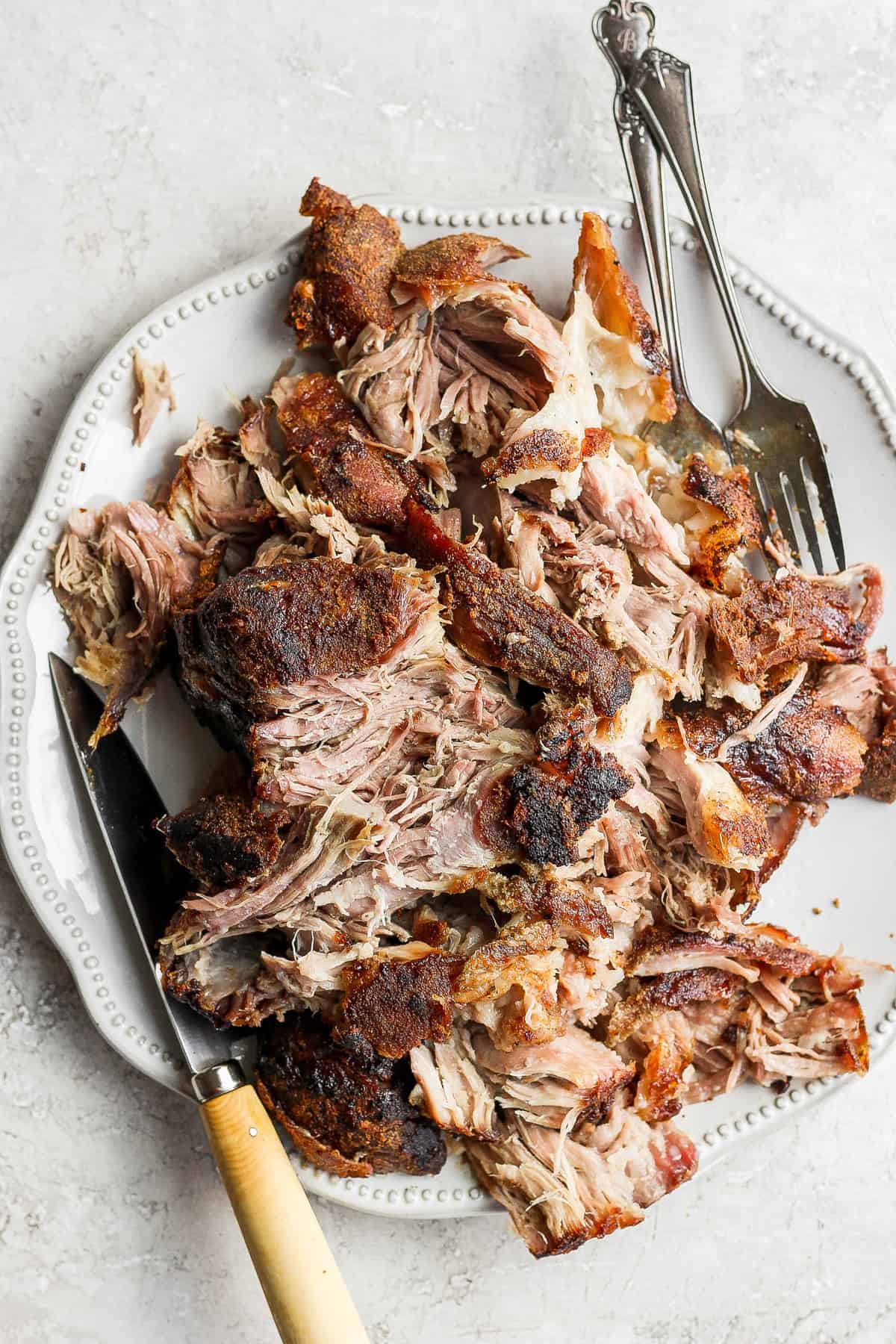 shredded pork on platter.