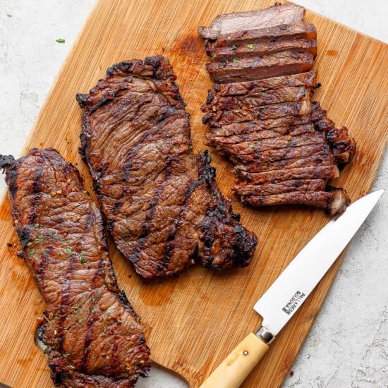 steak on cutting board.