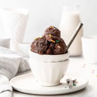 A bowl of chocolate protein ice cream.
