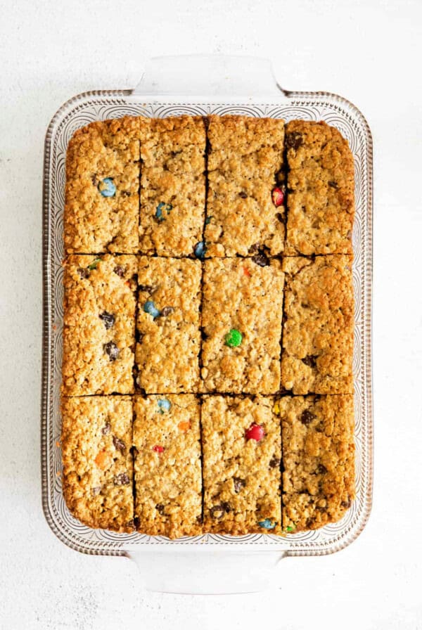 monster cookie bars in baking dish.