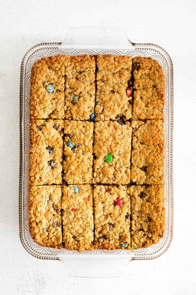 monster cookie bars in pan.