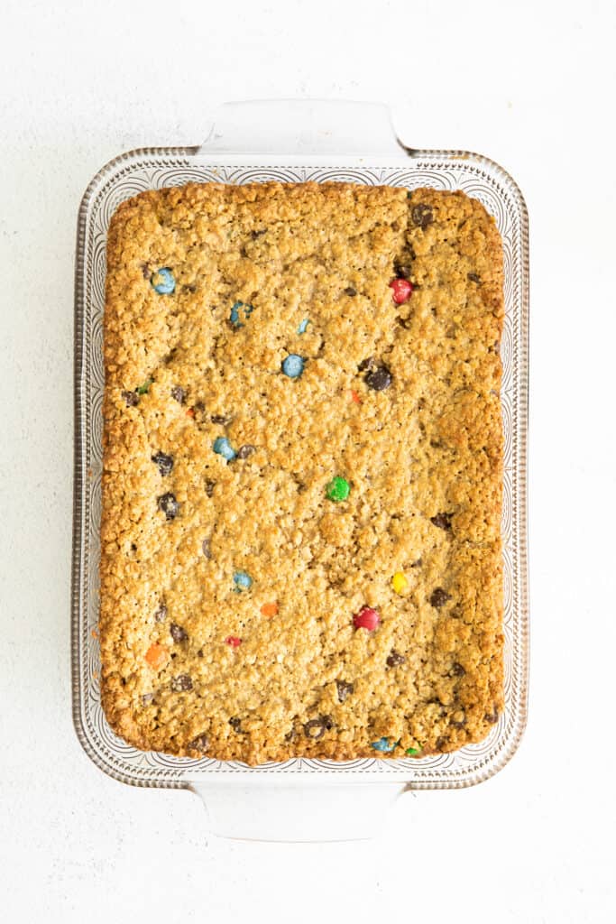 Monster bars in a casserole dish.