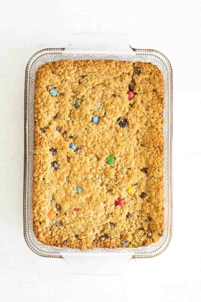 monster bars in baking dish.