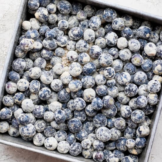 blueberries in baking dish.