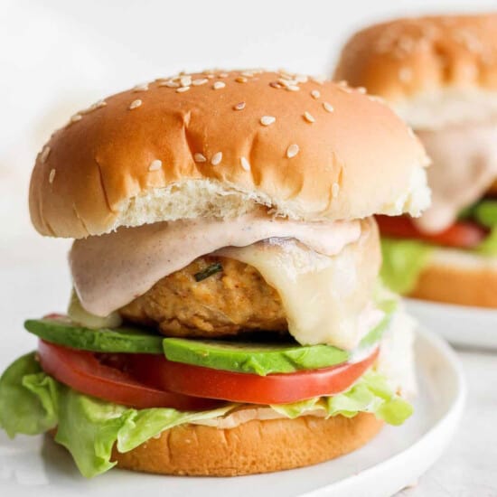 two chicken burgers on a white plate.