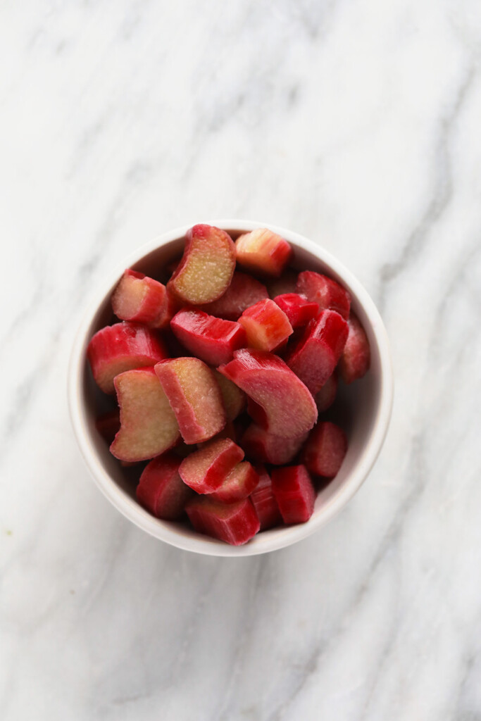 A bowl full of rhubarb chunks.