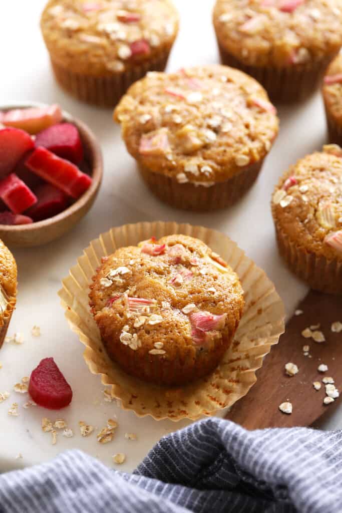 Rhubarb muffins on a counter top.