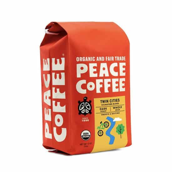 a bag of peace coffee on a white background.