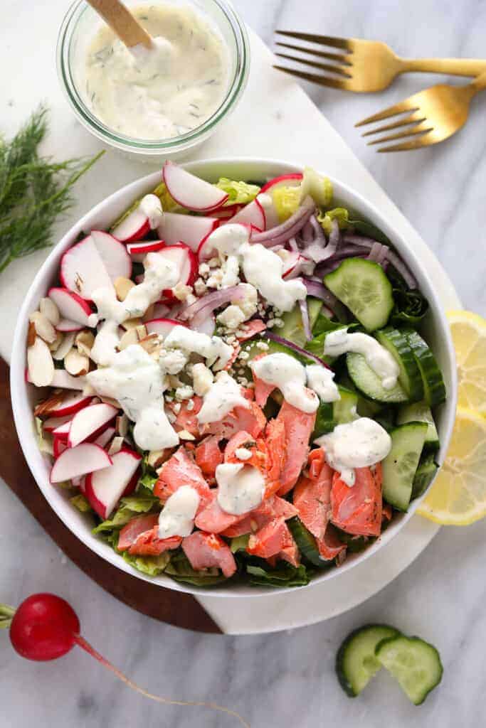 salmon salad in bowl.