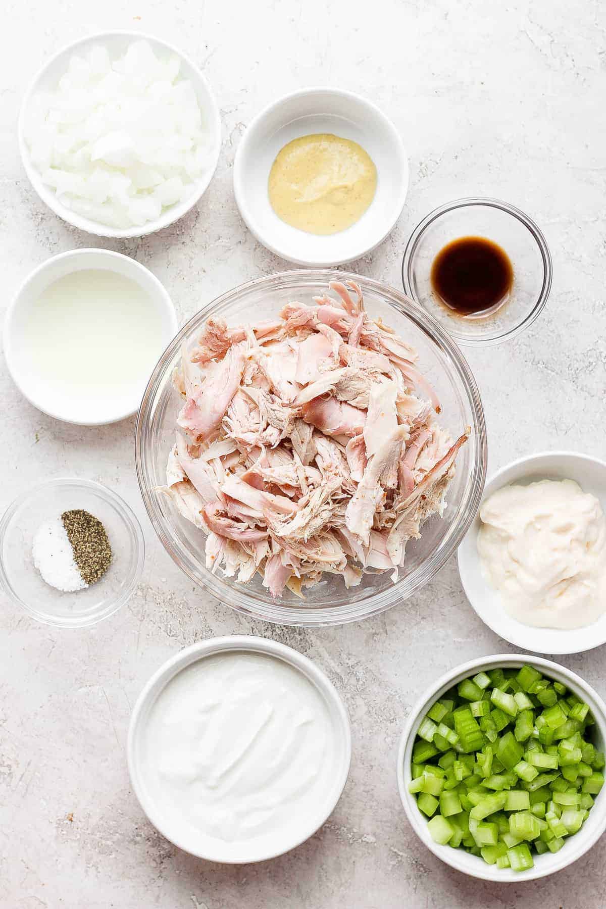 smoked chicken salad ingredients on countertop