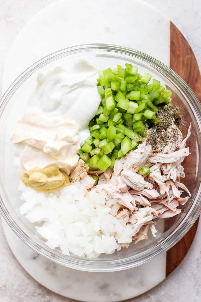 smoked chicken salad ingredients in bowl
